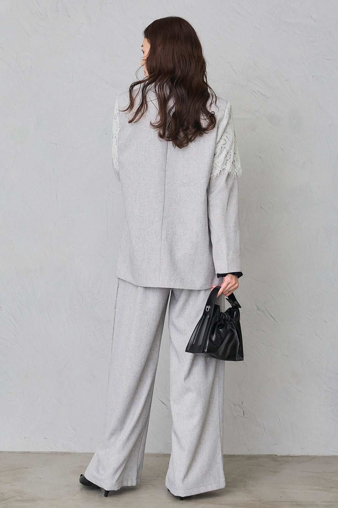 [予約/SET]ショルダーレースデザインジャケット+ライトツイードタックパンツ(2set)