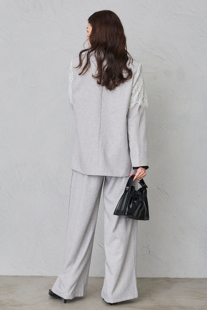 [予約/SET]ショルダーレースデザインジャケット+ライトツイードタックパンツ(2set)