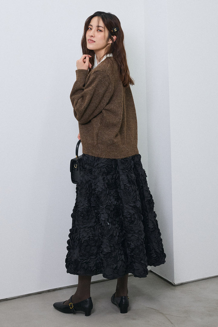 [予約/SET]配色レイヤードニットカーデ+ローズフラワー立体フレアスカート(2set)