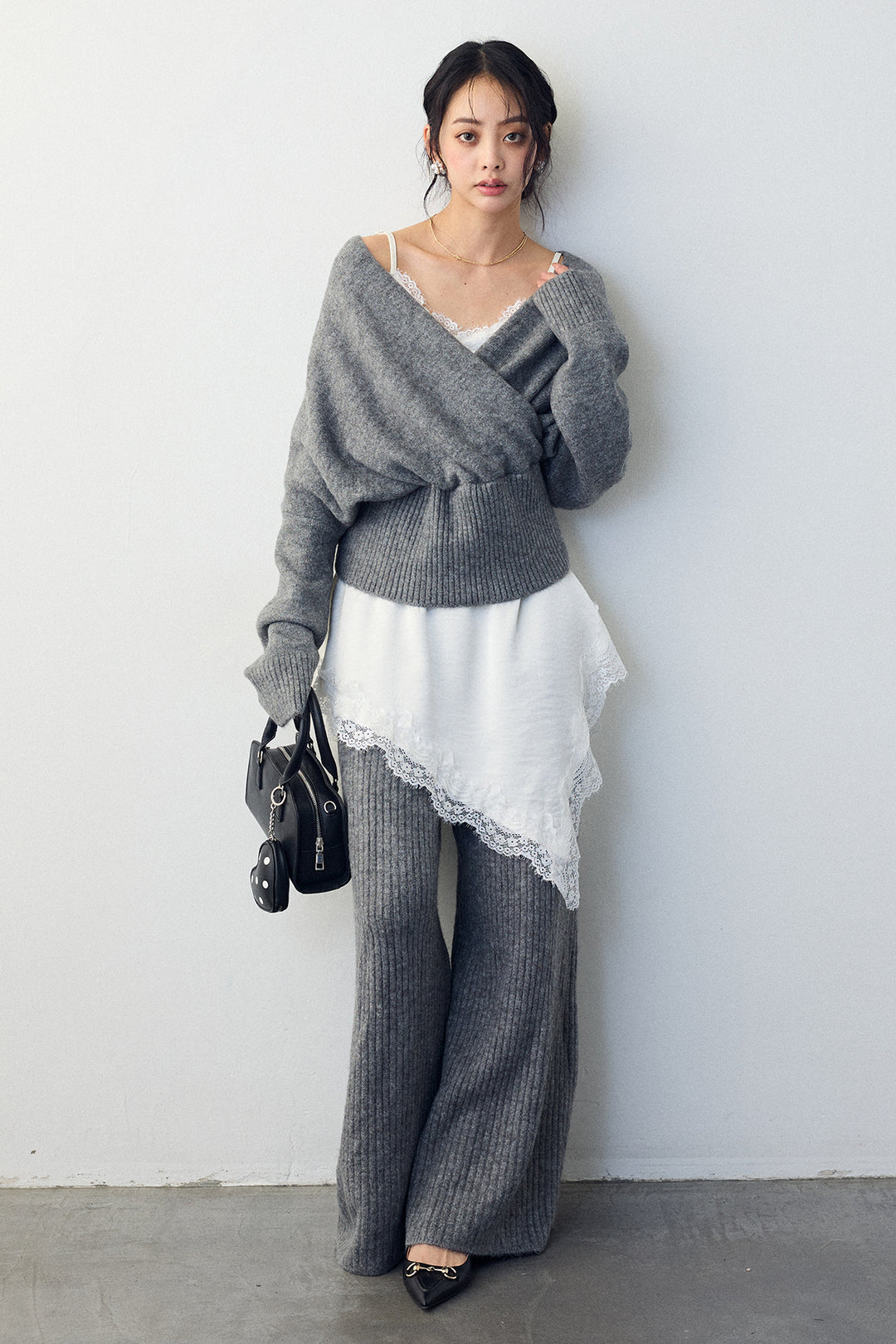 [予約/SET]カシュクール美ラインニットセットアップ+サテンレースアシメキャミ(2set)