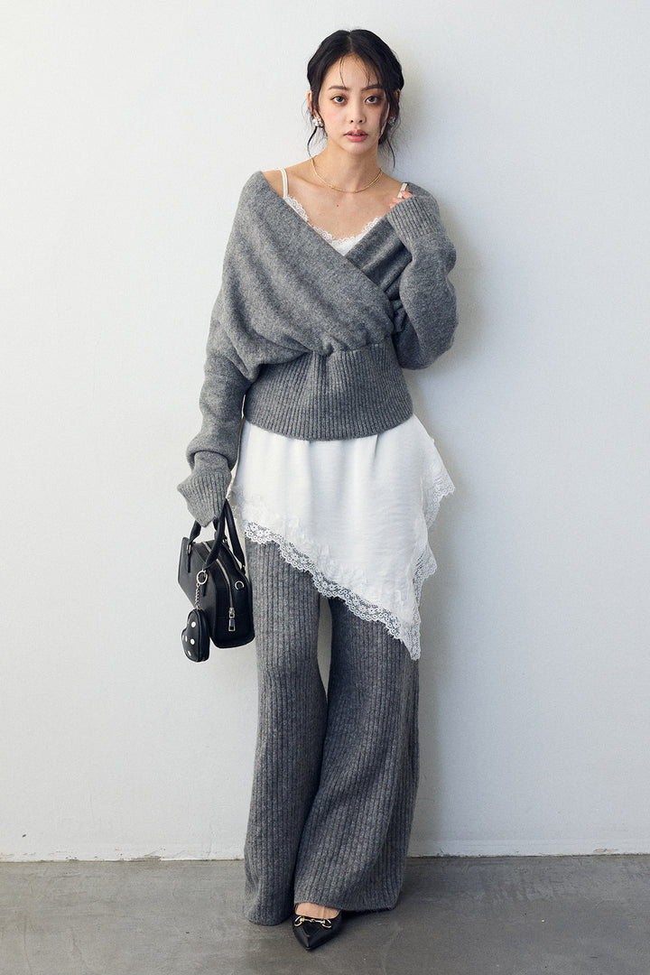 [予約/SET]カシュクール美ラインニットセットアップ+サテンレースアシメキャミ(2set)