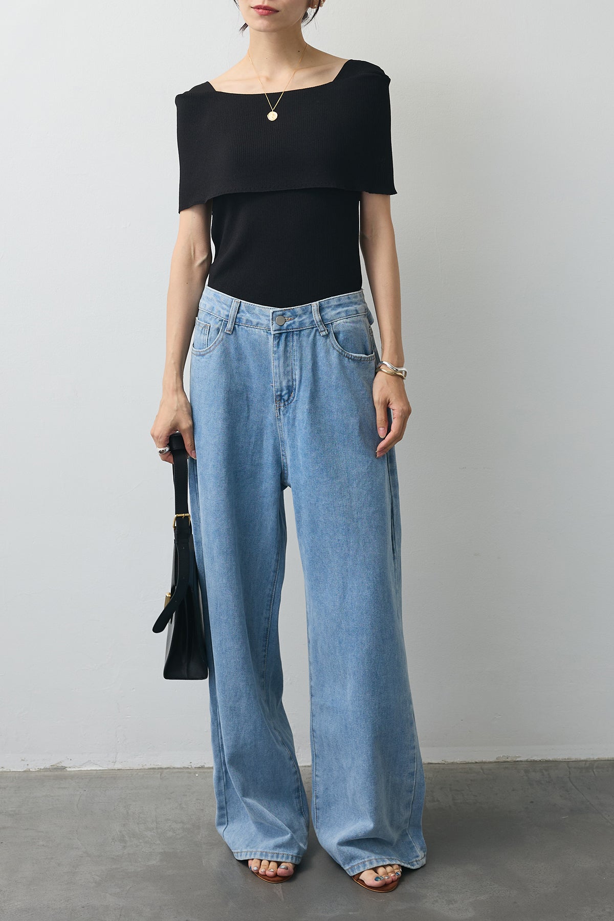 予約/SET]ショルダーリブオフショルニット+バックリボンデザイン