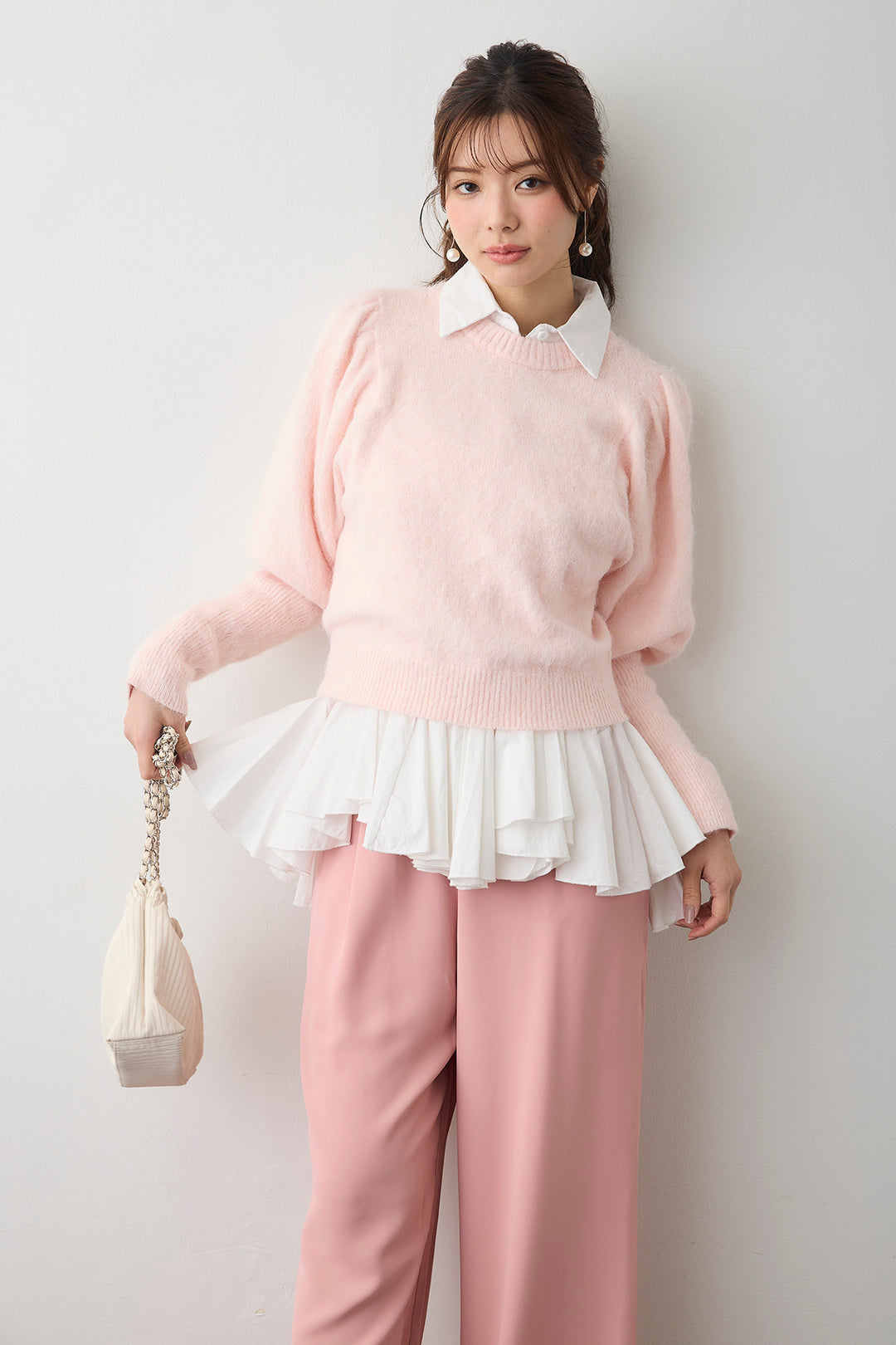 [予約/SET]モヘアパフスリーブプルオーバー+パネルフレアヘムシャツ+とろみドロストワイドパンツ(3set)