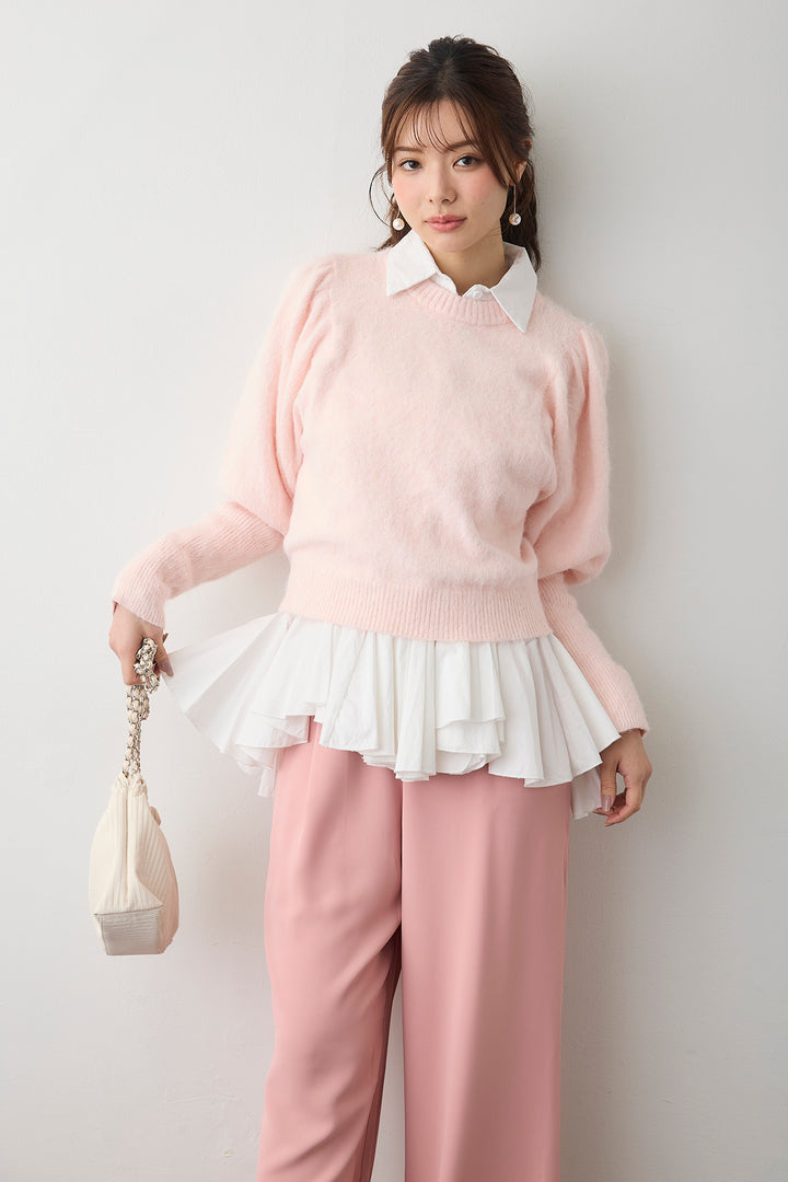 [予約/SET]モヘアパフスリーブプルオーバー+パネルフレアヘムシャツ+とろみドロストワイドパンツ(3set)