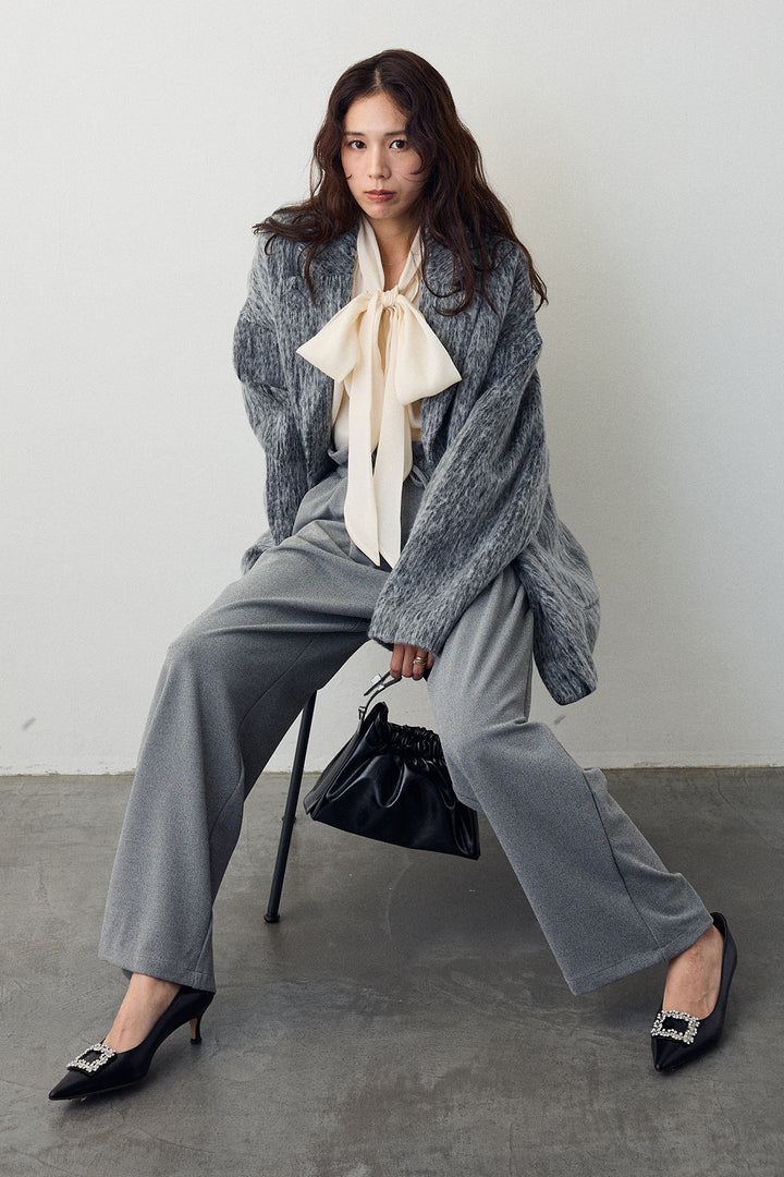 [予約/SET]前後2wayリボンシアーブラウス+シャギーミドル丈コート+2タック美シルエットパンツ(3set)