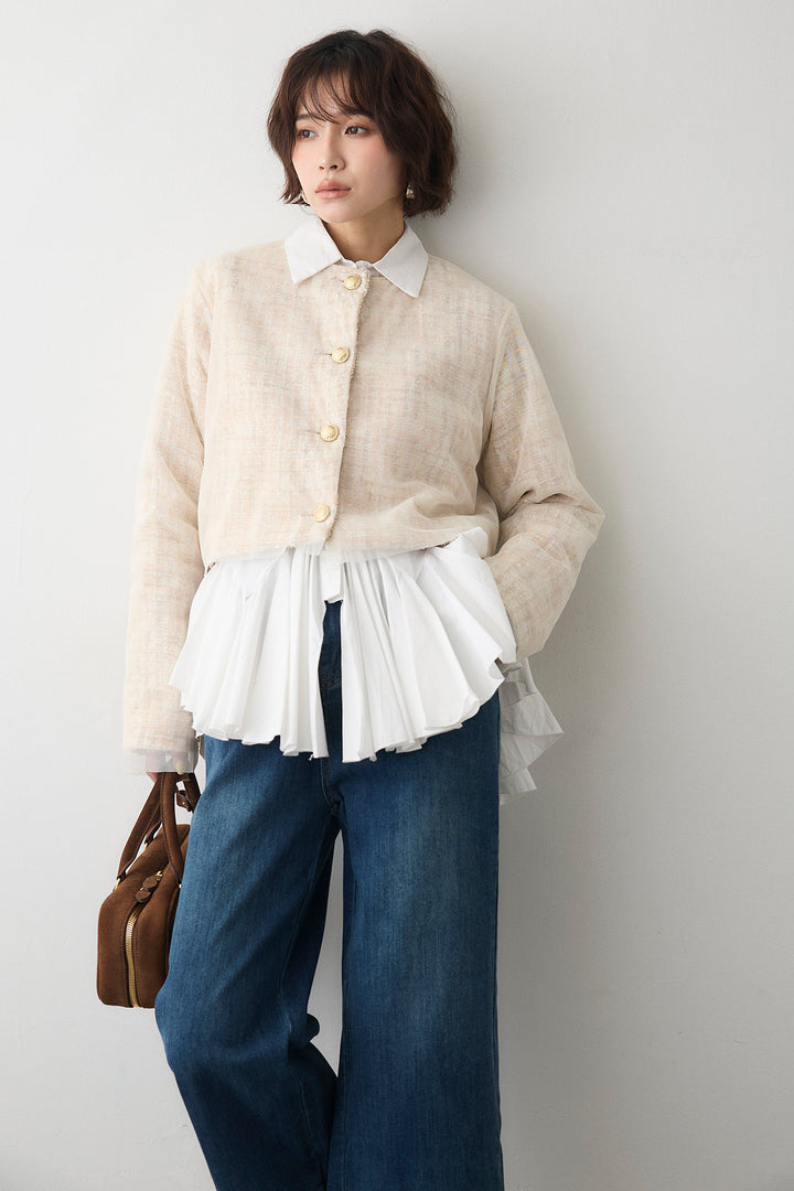 [予約/SET]パネルフレアヘムシャツ+ツイード×チュールレイヤードクロップドジャケット+フリルヘムデニムパンツ(3set)