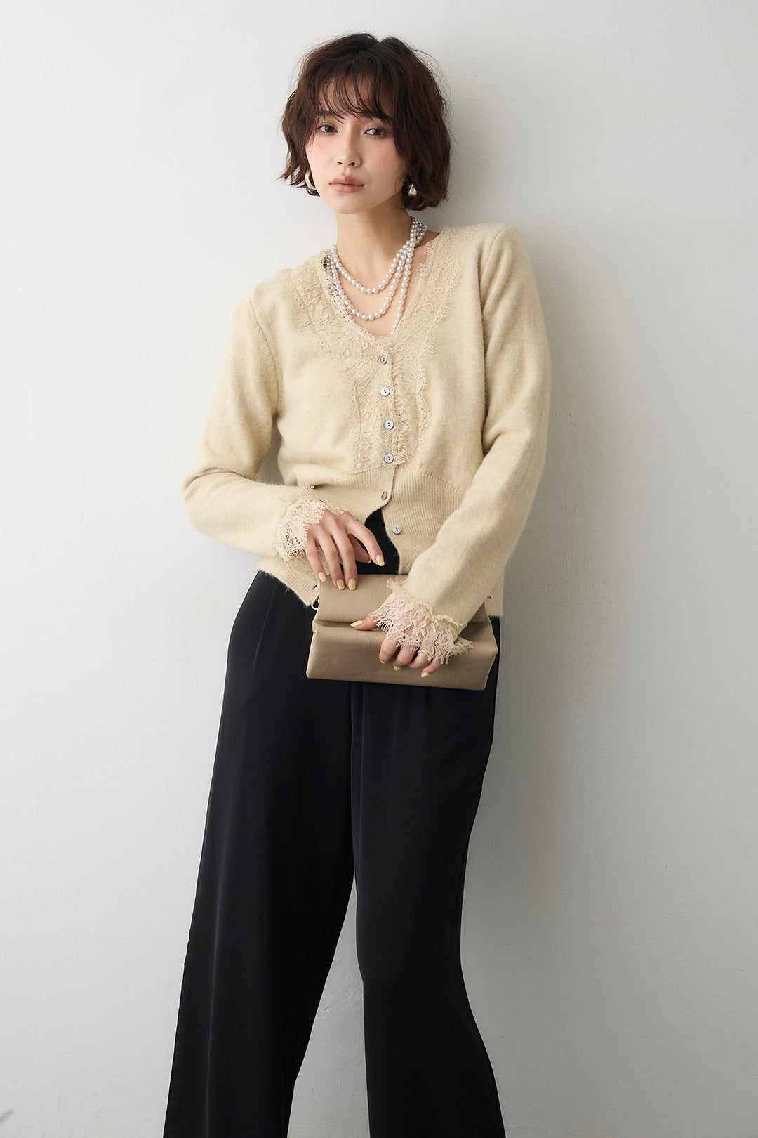 [予約/SET]レースVラインボタンニット+とろみドロストワイドパンツ(2set)