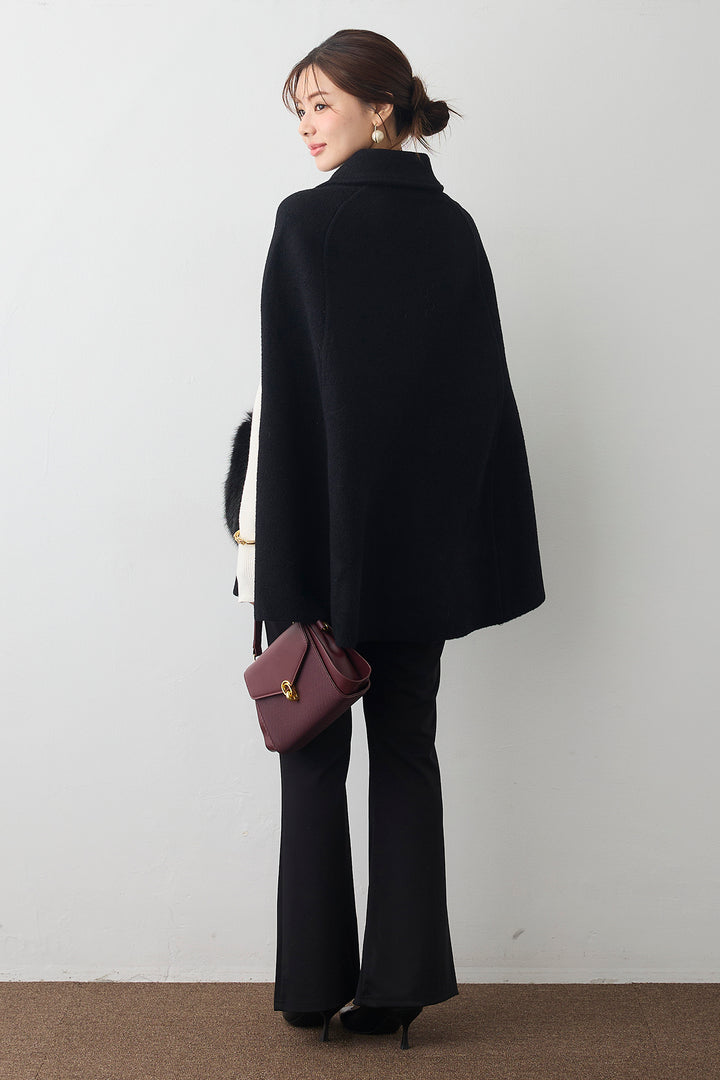 [予約/SET]ベーシックフィンガーホールリブニット+ウールタッチファーポケットポンチョコート(2set)