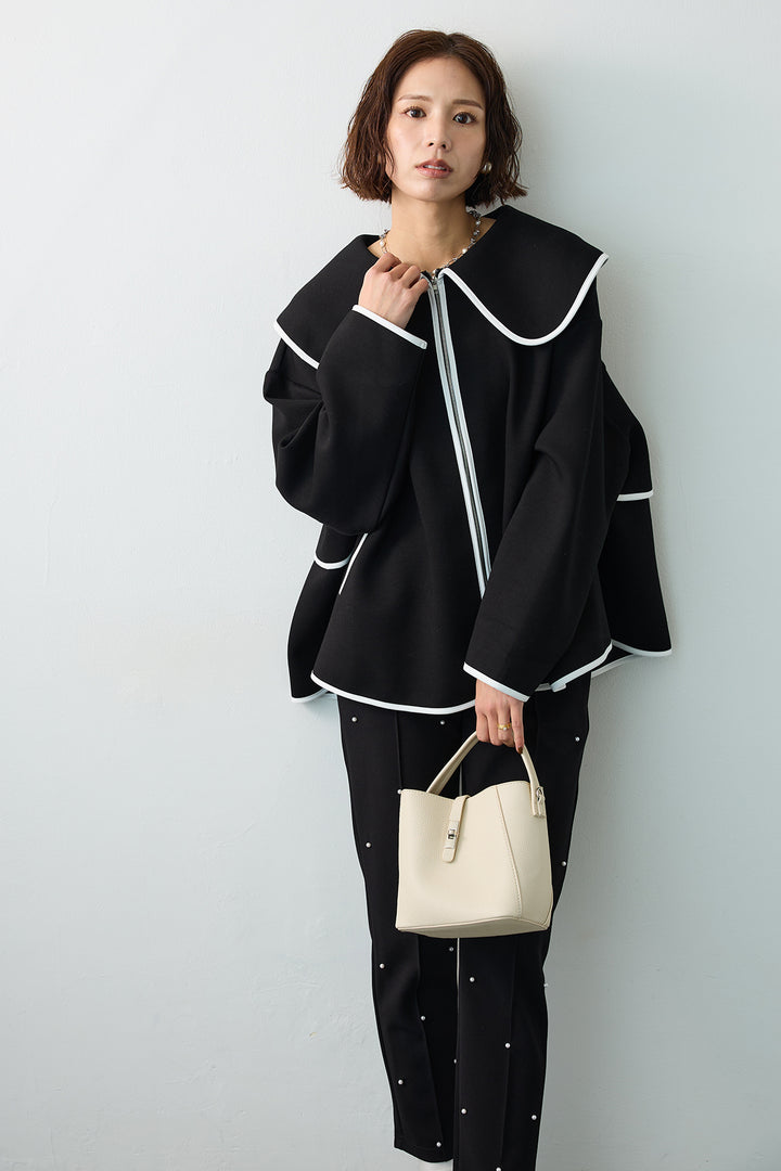 [予約/SET]バイカラーボンディング襟付きコート+センターシームランダムパールパンツ(2set)