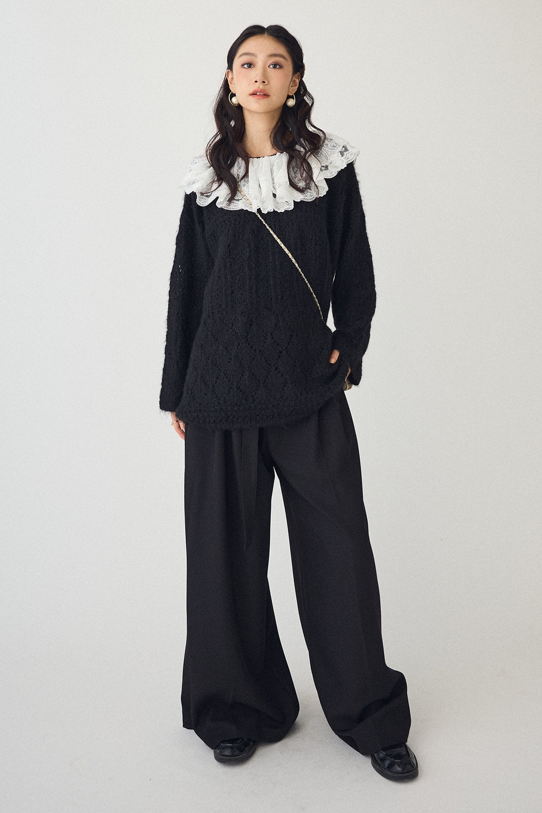 [予約/SET]ダブルレースカラードッキングニット+とろみタックハイウエストタックワイドパンツ(2set)