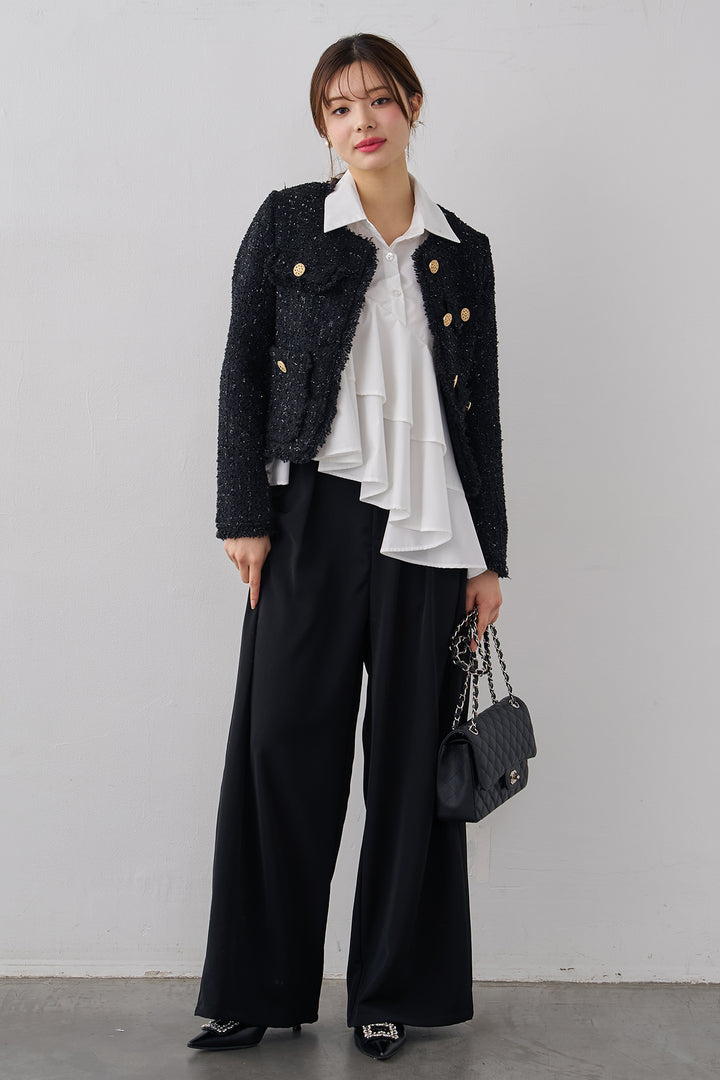 [予約/SET]フリンジツイードゴールドボタンジャケット+エステルツイルタックワイドカラーパンツ(2set)