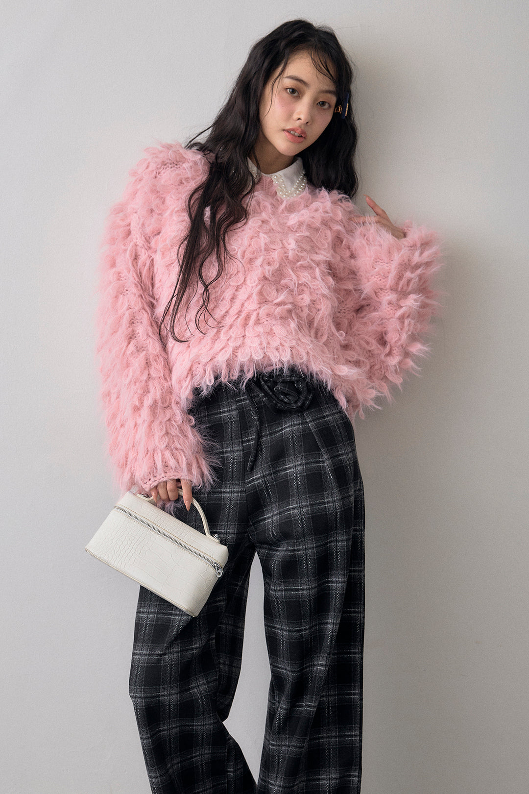 [予約/SET]ループシャプルオーバーニット+クラシカルチェックフラワーモチーフ付きパンツ(2set)