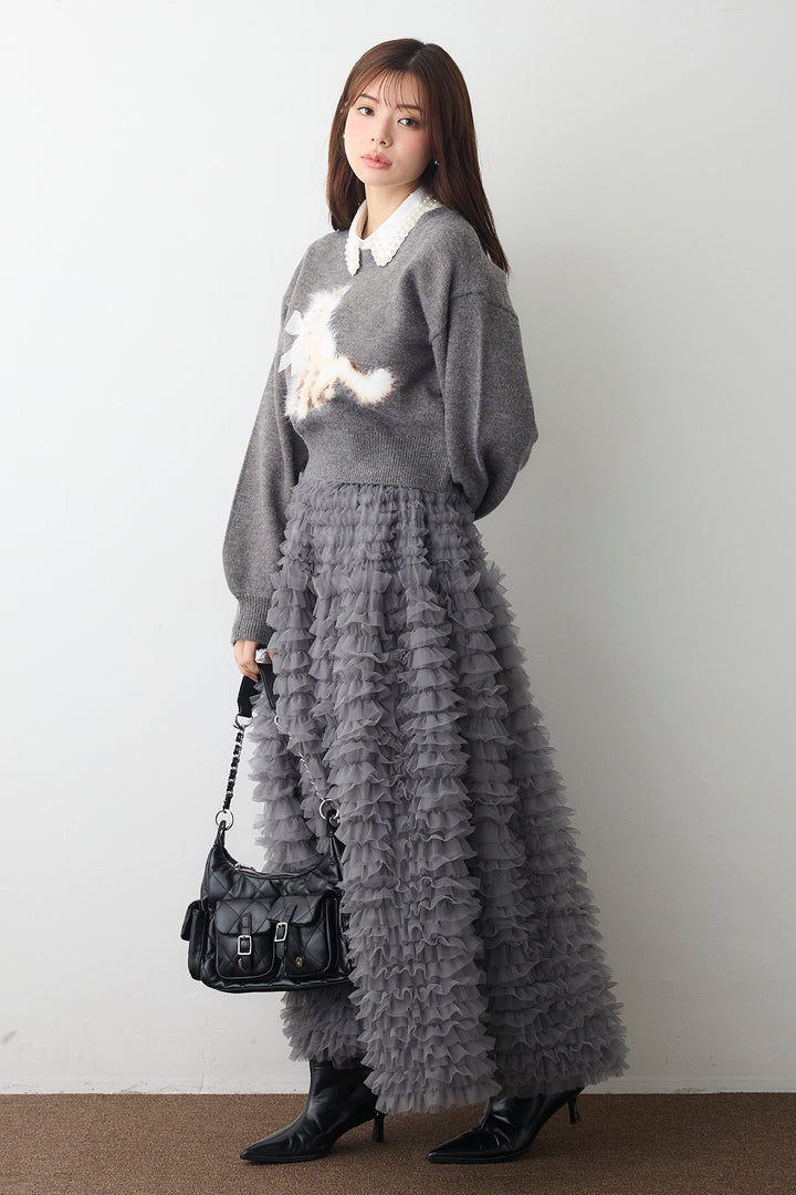 [予約/SET]2連パール付け襟+シャギーリボンキャットモチーフニットPO+ホイップチュールティアードスカート(3set)
