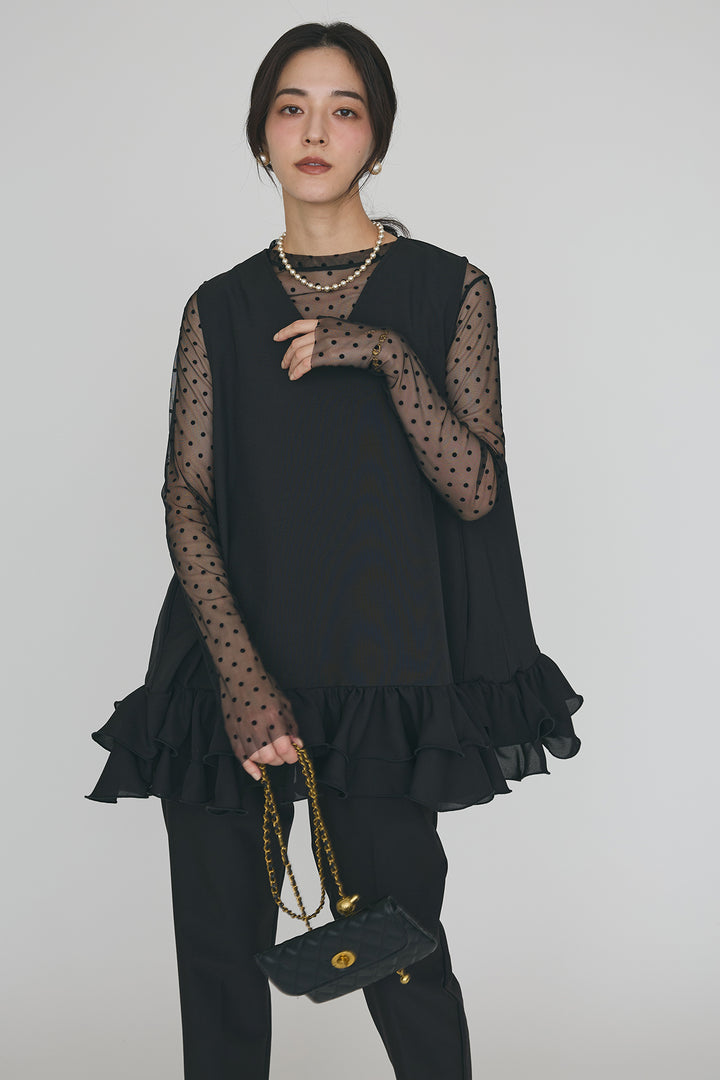 [予約/SET]シアードットフロッキートップス+異素材フリルヘムVネックチュニック+タックテーパードパンツ(3set)