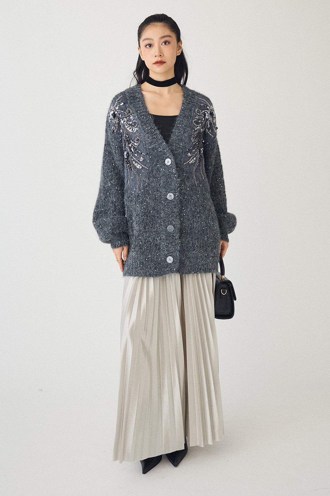 [予約/SET]ビーズフラワースパンコールシャイニーニットカーデ+シャイニープリーツサテンスカート(2set)