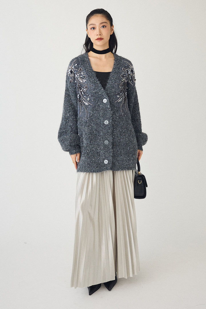 [予約/SET]ビーズフラワースパンコールシャイニーニットカーデ+シャイニープリーツサテンスカート(2set)