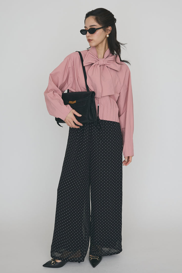 [予約/SET]フロントファスナーヘムタックボウタイブラウス+シアードットリラックスパンツ(2set)