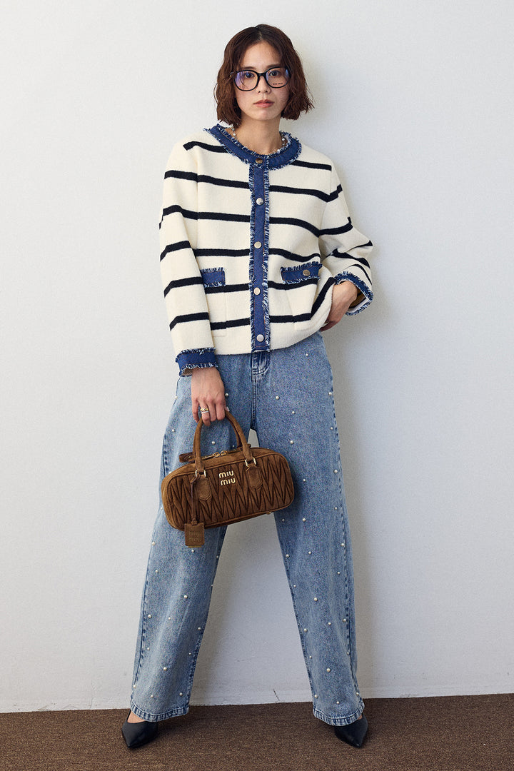 [予約/SET]デニムドッキングマルチパターンカーデ+パールスタッズストレートハイウエストデニム(2set)