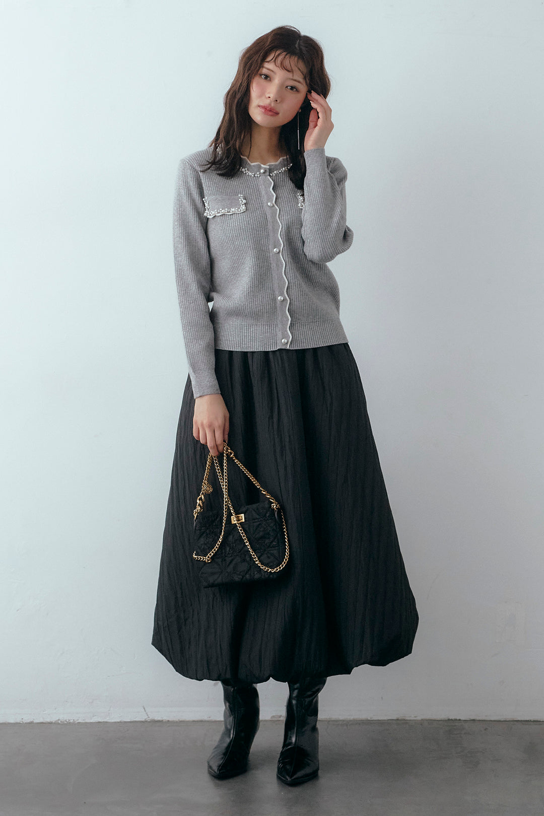 [予約/SET]ビジューパールデザインニットカーデ+ソフトキルトバルーンスカート(2set)