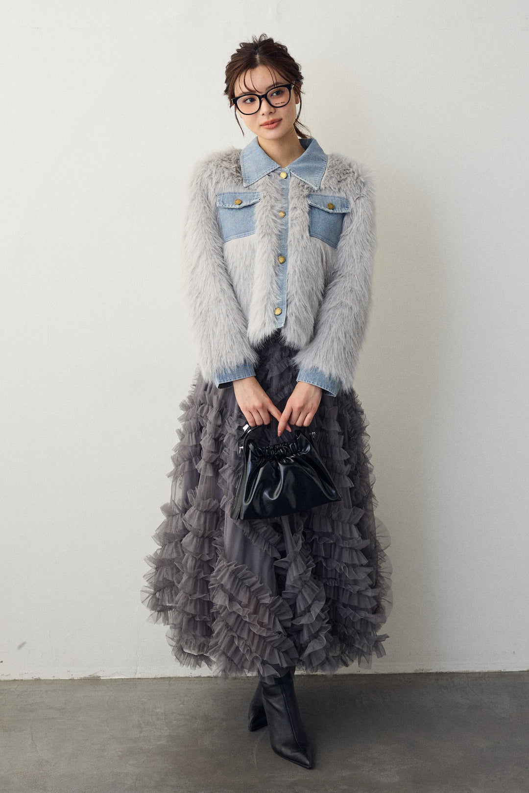 [予約/SET]デニムシャツドッキングファージャケット+スフレアシメチュールスカート(2set)