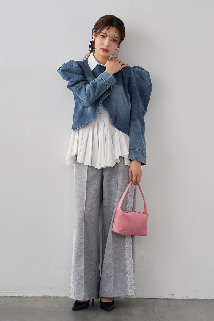 [予約/SET]パネルフレアヘムシャツ+パフスリーブショートデニムジャケット+サイドレースWフェイスカットソーパンツ(3set)