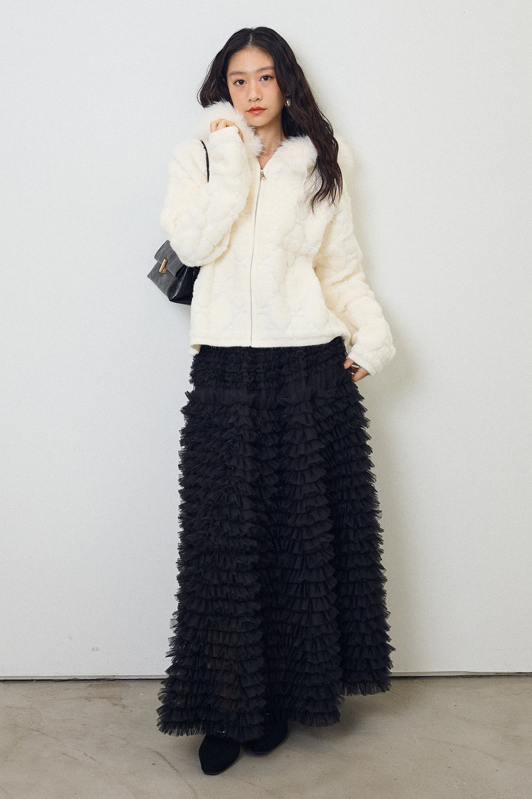 [予約/SET]フードファーキルトZIPニットブルゾン+ホイップチュールティアードスカート(2set)