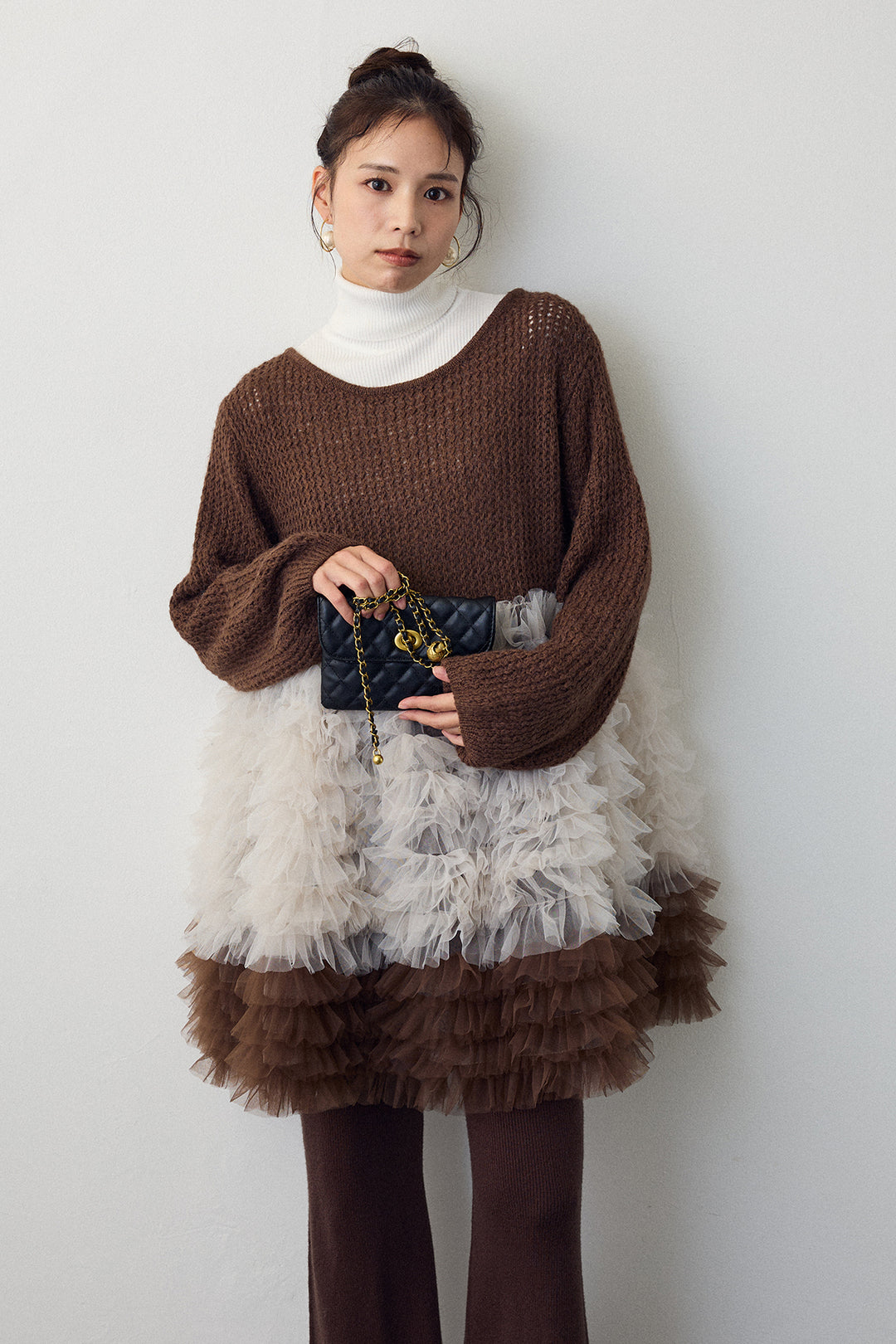 [予約/SET]ホイップチュールドッキングニットワンピ+リブストレッチフレアニットパンツ(2set)