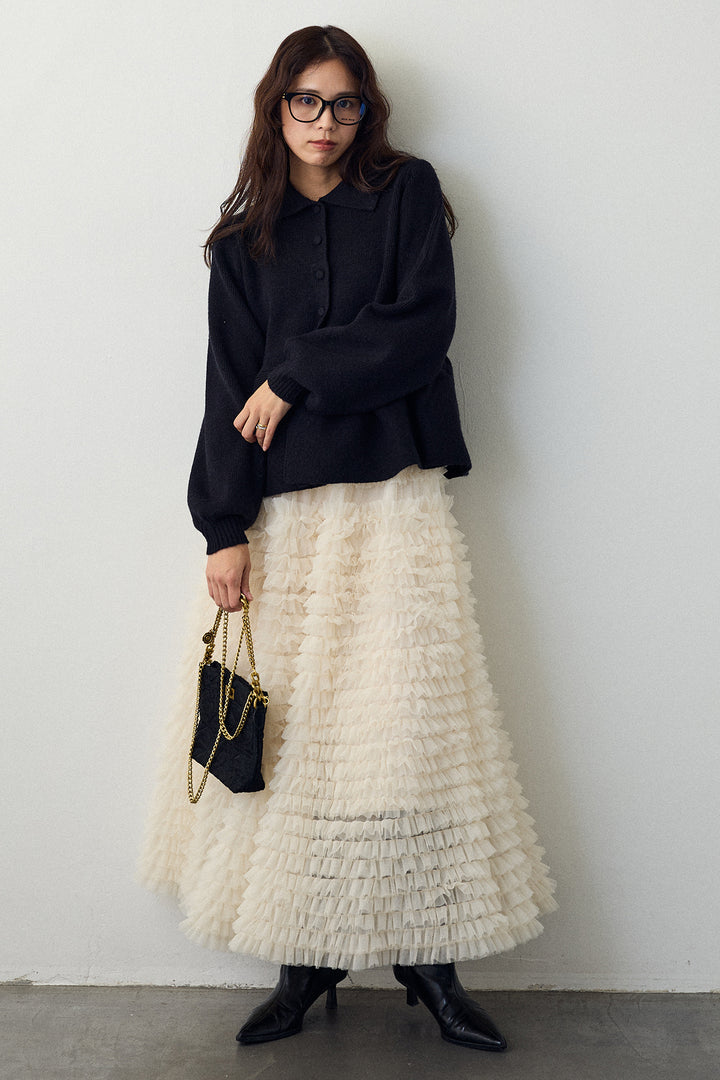 [予約/SET]ポロ襟ペプラムニットプルオーバー+ホイップチュールティアードスカート(2set)