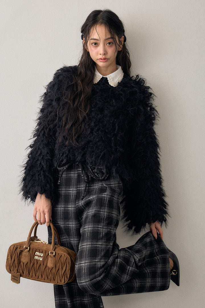 [予約/SET]2連パール付け襟+ループシャプルオーバーニット+クラシカルチェックフラワーモチーフ付きパンツ(3set)