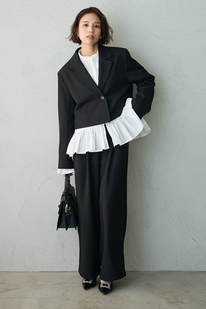 [予約/SET]フリルヘムスリーブブラウス+クロップドマニッシュシンプルジャケット+ツイルシンプルストレートパンツ(3set)