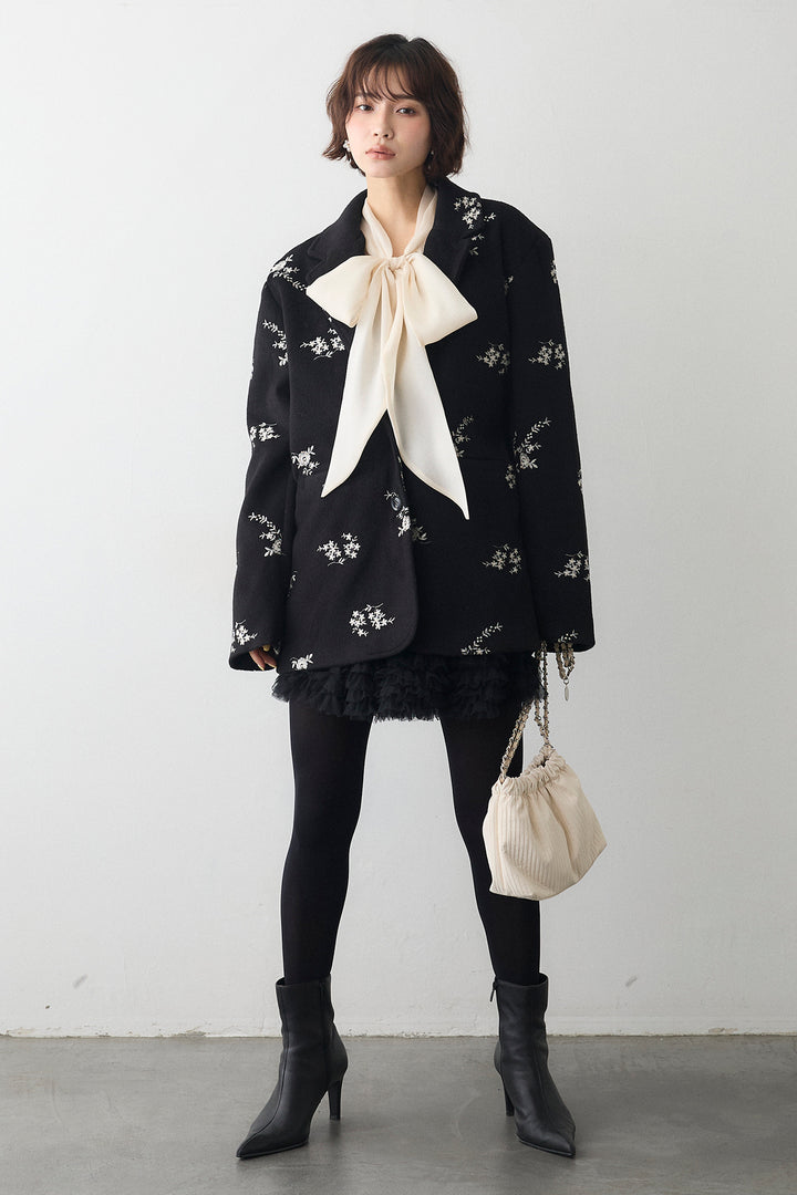 [予約/SET]フラワーエンブロイダリーモッサジャケット+ホイップチュールミニ丈スカート(2set)