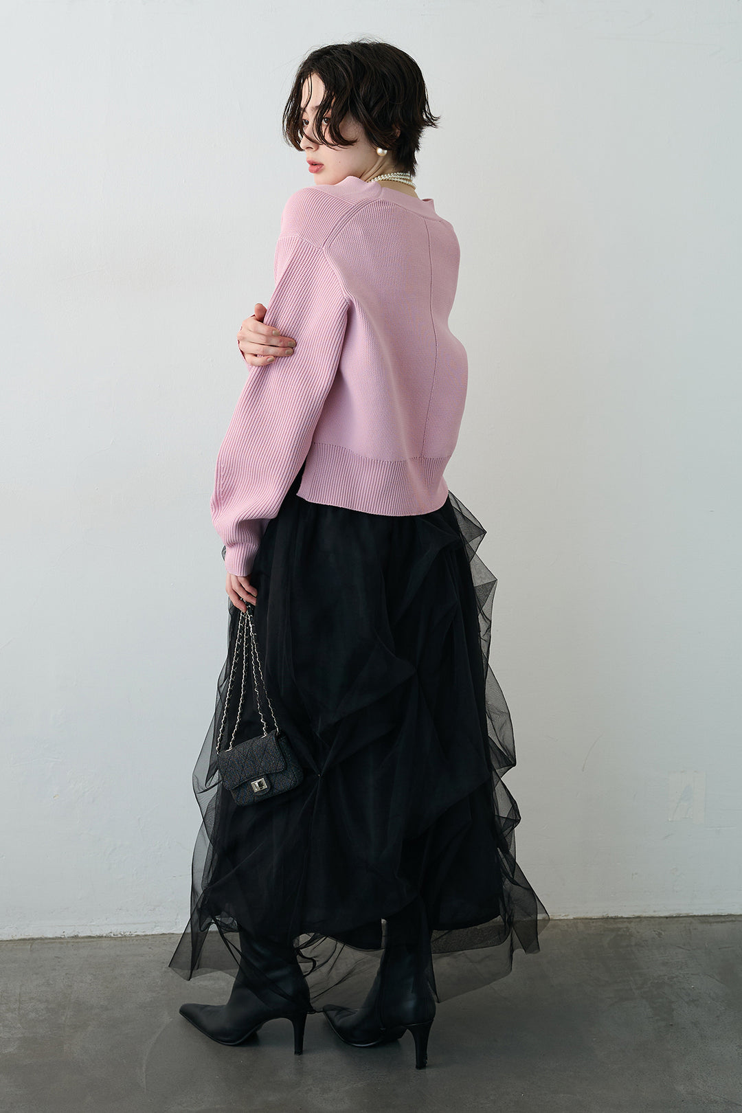 [予約/SET]スポンディッシュBIGボタンクロップドカーデ+マルチパターンタックチュールスカート(2set)