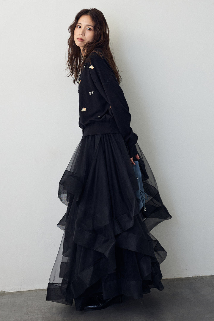 [予約/SET]フルーツフラワー刺繍ニットカーデ+ランダムフリルティアードボリュームスカート(2set)