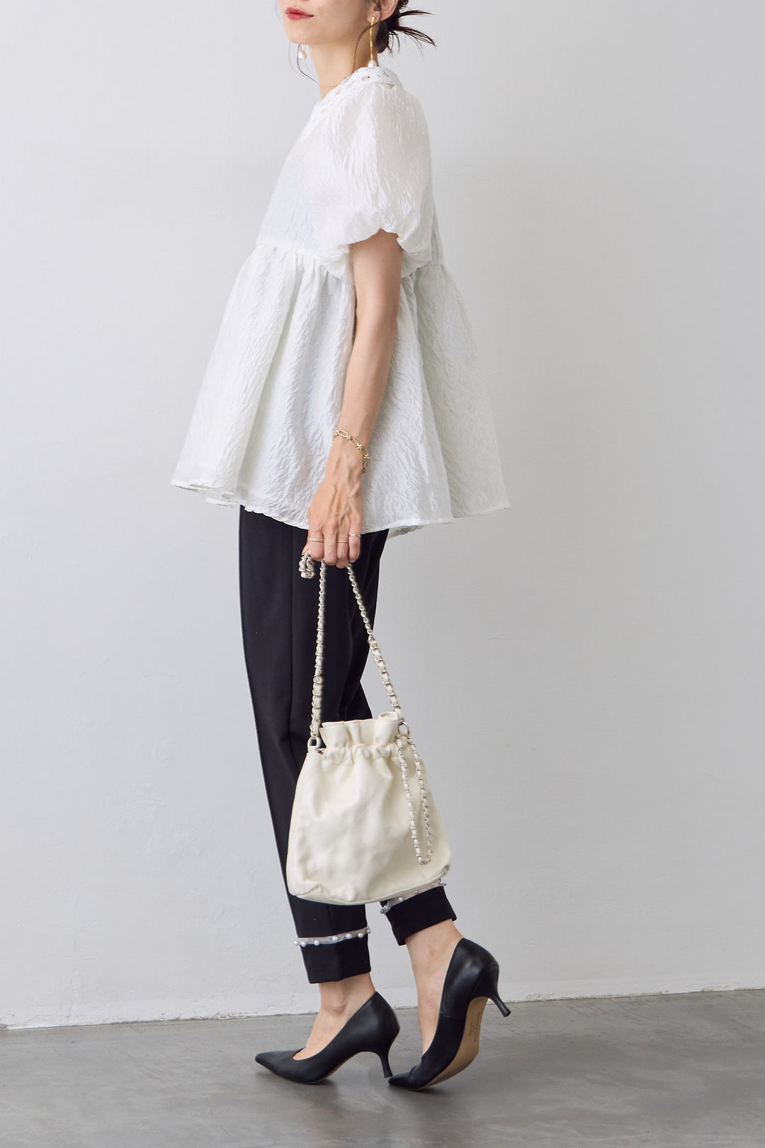 [予約/SET]レース襟パフスリーブワッシャーブラウス+シアーパールヘムテーパードパンツ(2set)