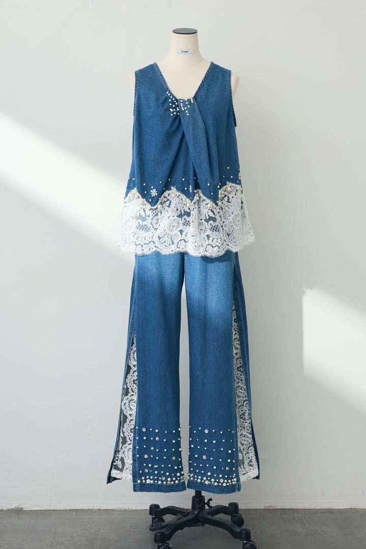 [予約]レースデコラティブパールデニムセットアップ