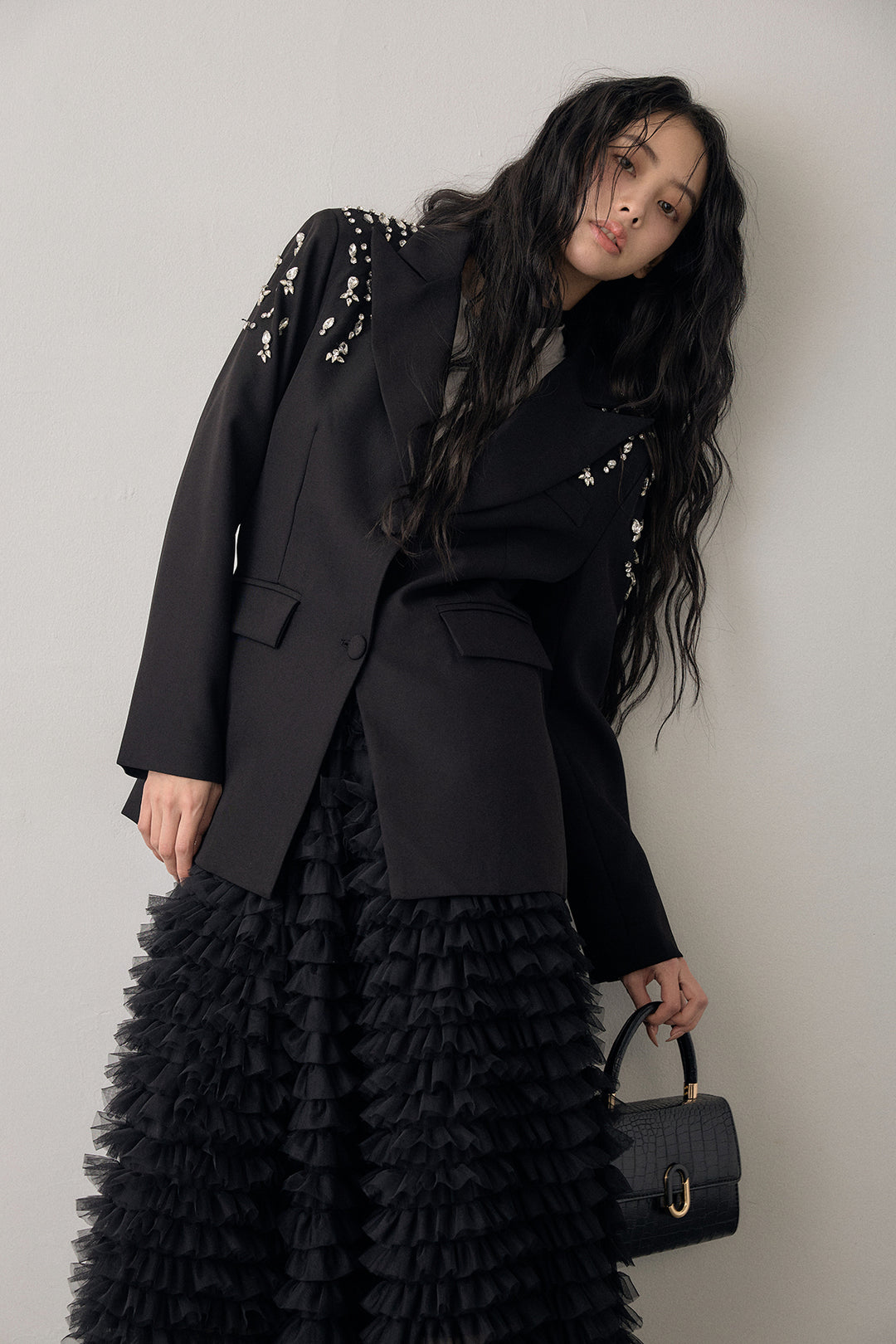 [予約/SET]ショルダービジューマニッシュジャケット+ホイップチュールティアードスカート(2set)