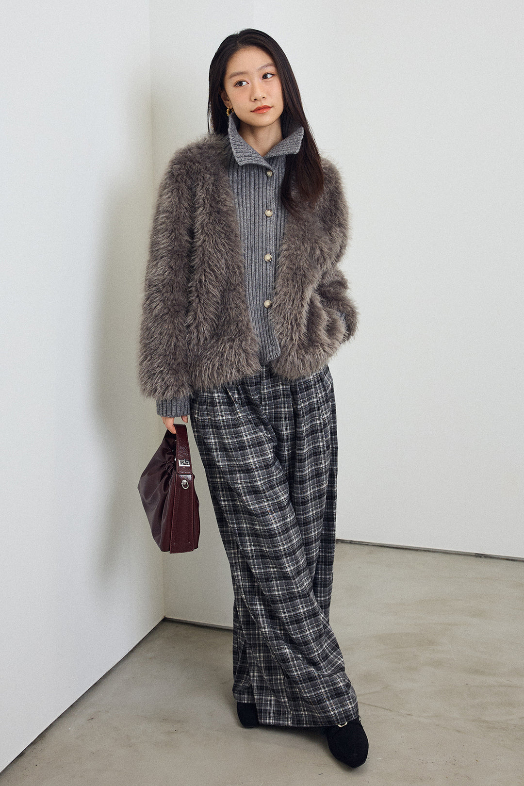 [予約/SET]シャギーファー×リブニットミックスジャケット+ハイウエストチェックセミワイドパンツ(2set)