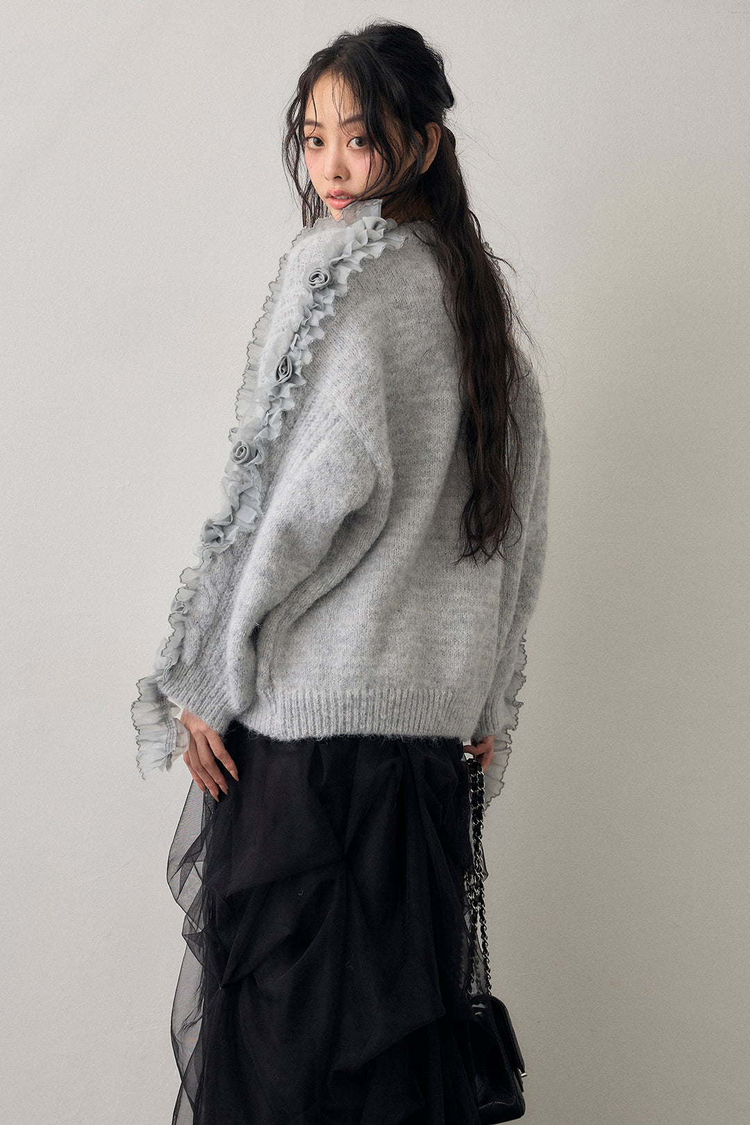 [予約/SET]フリルローズドッキングニットカーデ+マルチパターンタックチュールスカート(2set)