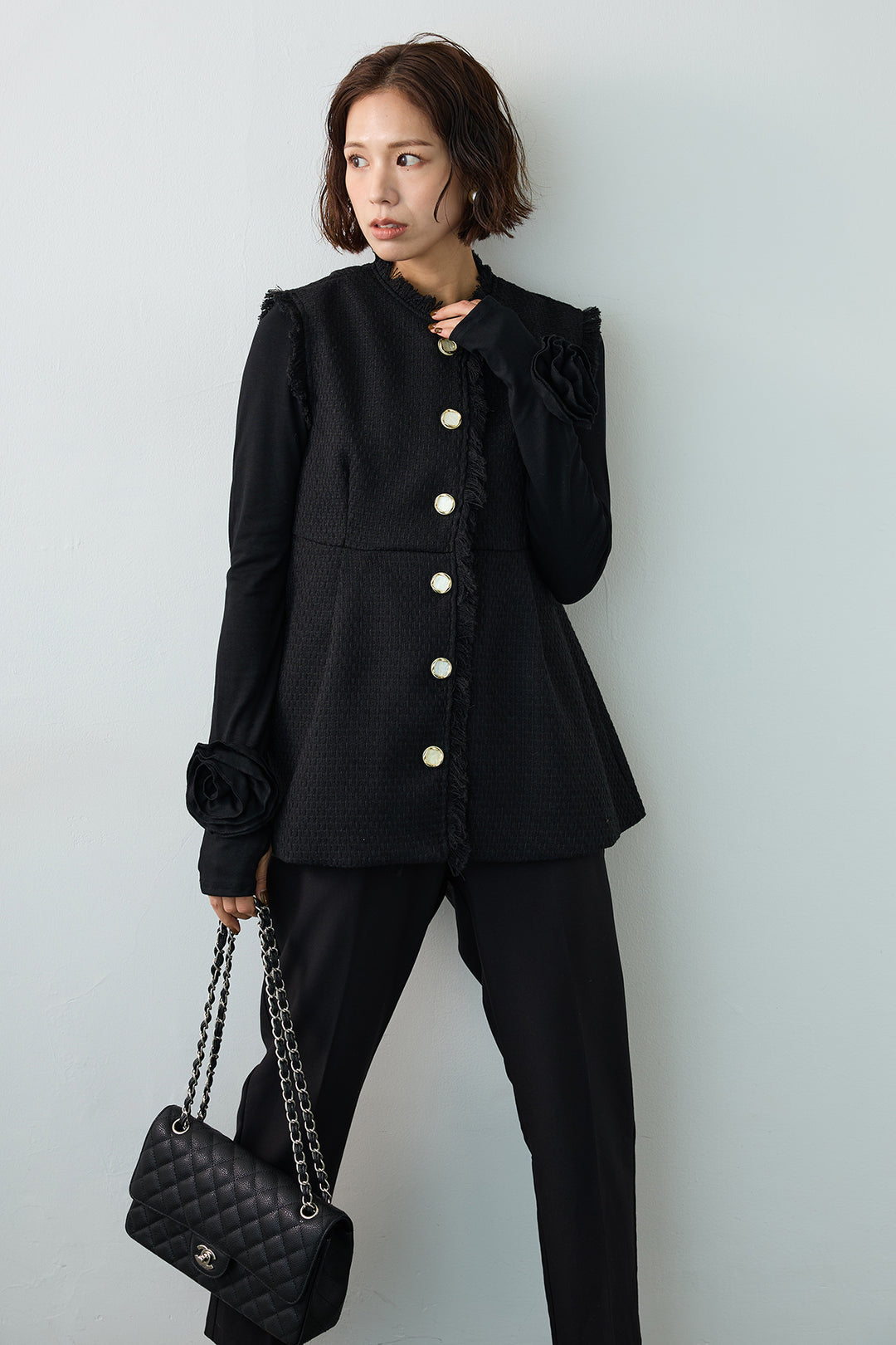 [予約/SET]ツイードペプラム美フォルムジレ+タックテーパードパンツ(2set)