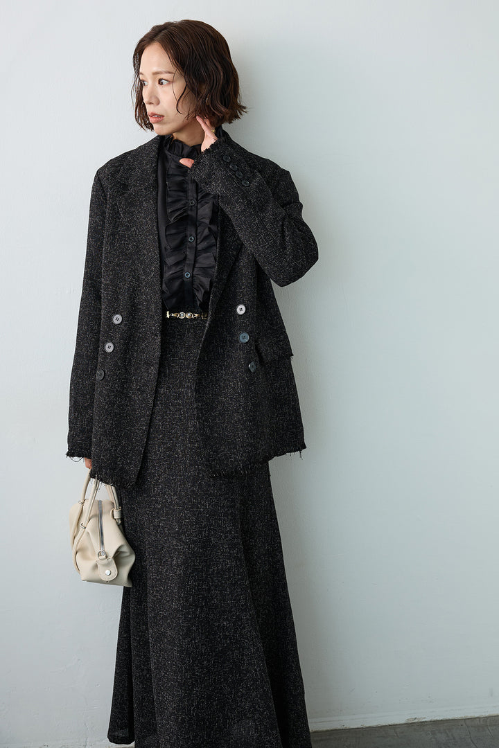 [予約/SET]エアリーフリルブラウス+スラブネップツイードフリンジテーラージャケット+スラブネップツイードフレアスカート(3set)