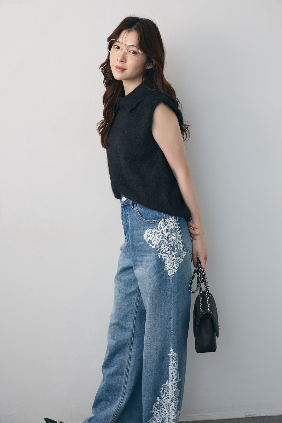 [予約/SET]モヘア起毛ポロベスト+レースプリントデザインデニムパンツ(2set)