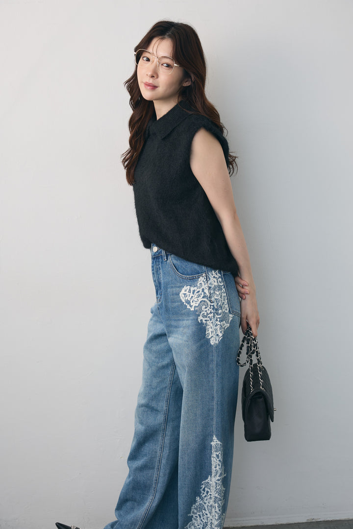 [予約/SET]モヘア起毛ポロベスト+レースプリントデザインデニムパンツ(2set)