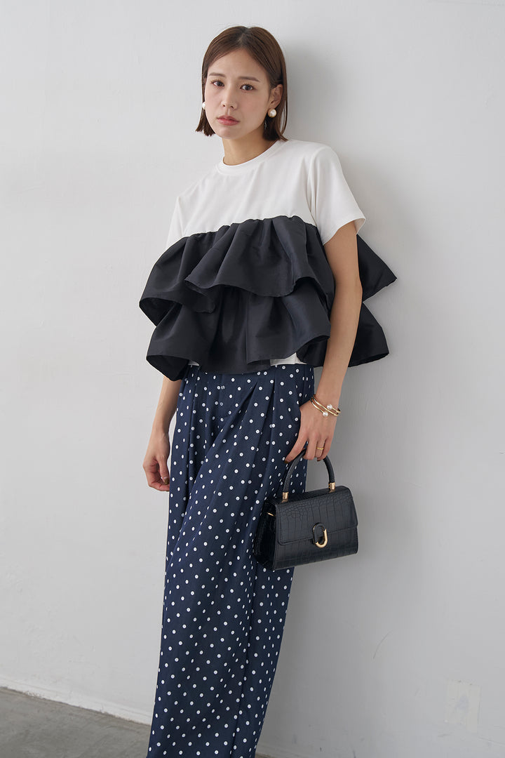 [予約/SET]ナイロンフリルドッキングTシャツ+ハイウエストドットデニムパンツ(2set)