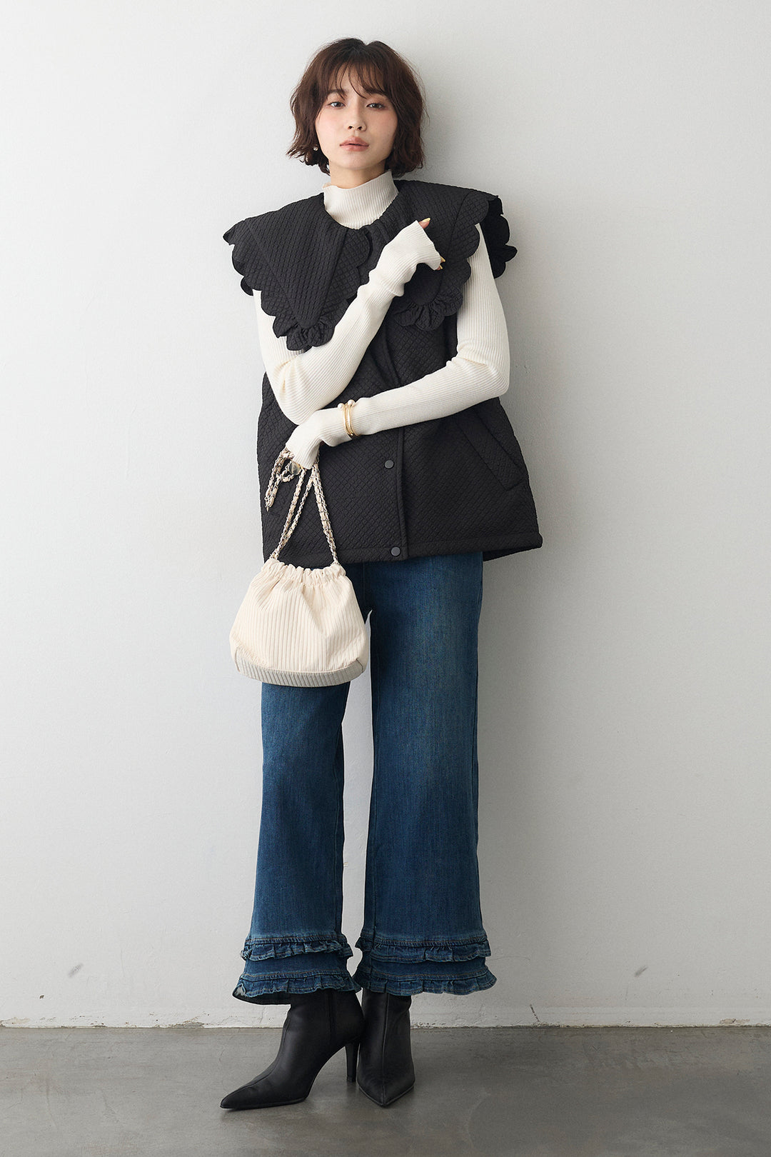 [予約/SET]ベーシックフィンガーホールリブニット+スカラップBIGカラーベスト(2set)