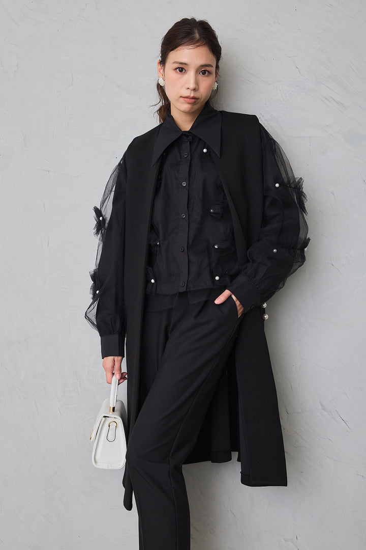 [予約/SET]チュールレイヤードパールシャツ+タックテーパードパンツ(2set)