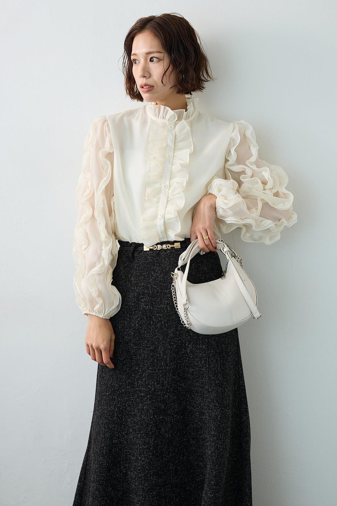 [予約/SET]エアリーフリルブラウス+スラブネップツイードフレアスカート(2set)