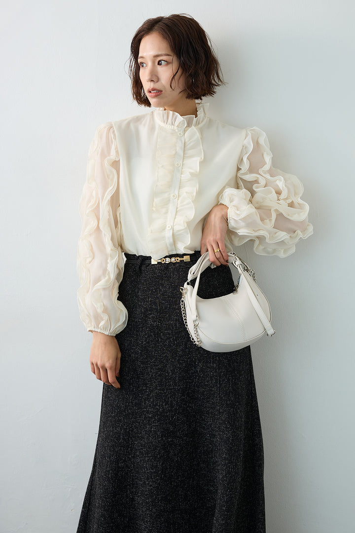 [予約/SET]エアリーフリルブラウス+スラブネップツイードフレアスカート(2set)