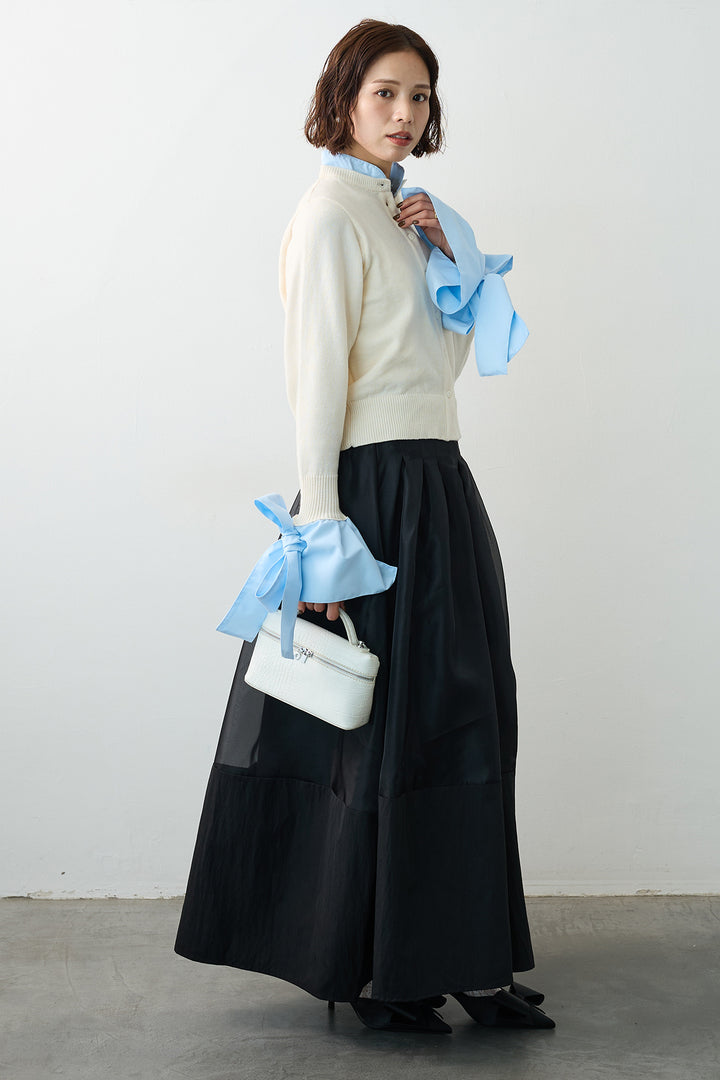 [予約/SET]BIGリボンカフスデザインニットドッキングカーデ+オーガンジー×タフタコクーンスカート(2set)