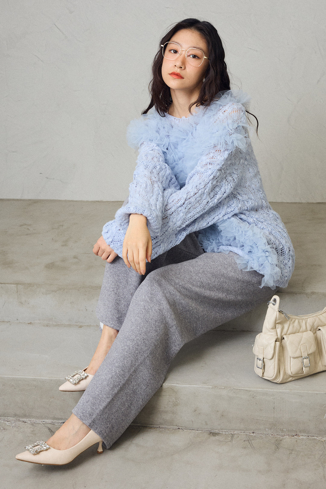 [予約/SET]透かし編みホイップチュールニット+ウォームタッチイージーパンツ(2set)