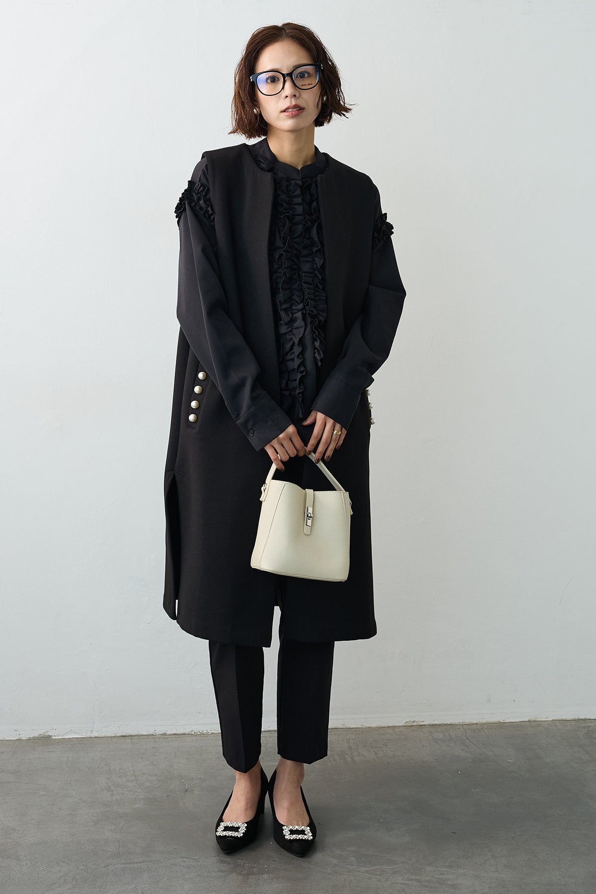 予約/SET]Iラインフリルホイップブラウス+ポケットパール付き